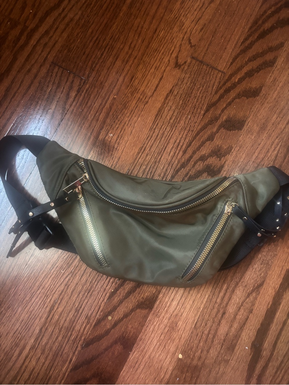 Olive Green Nylon Waist Bag with Gold Zippers - Unbranded